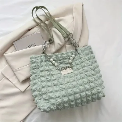 Soft Leather Large Capacity Fashion Pearl Chain Bubble Bag